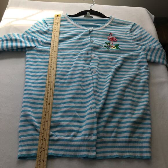 Talbots small blue white striped 3/4 sleeve embroidered button up knit cardigan - Picture 7 of 9